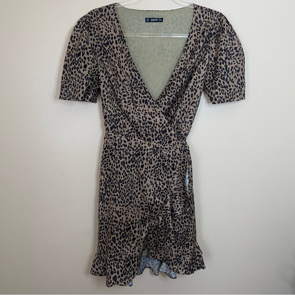 Shein Leopard Animal Print Ruffle Wrap Dress